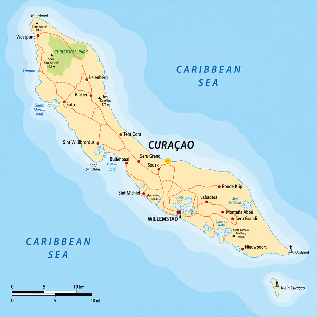 Geïllustreerde kaart van Curaçao met een speld bij Porto Marie
